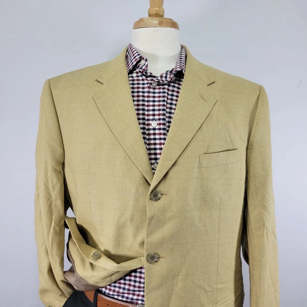 Jones New‎ York Men's Sport Coat Blazer Three Button Beige Plaid Silk Wool 44R